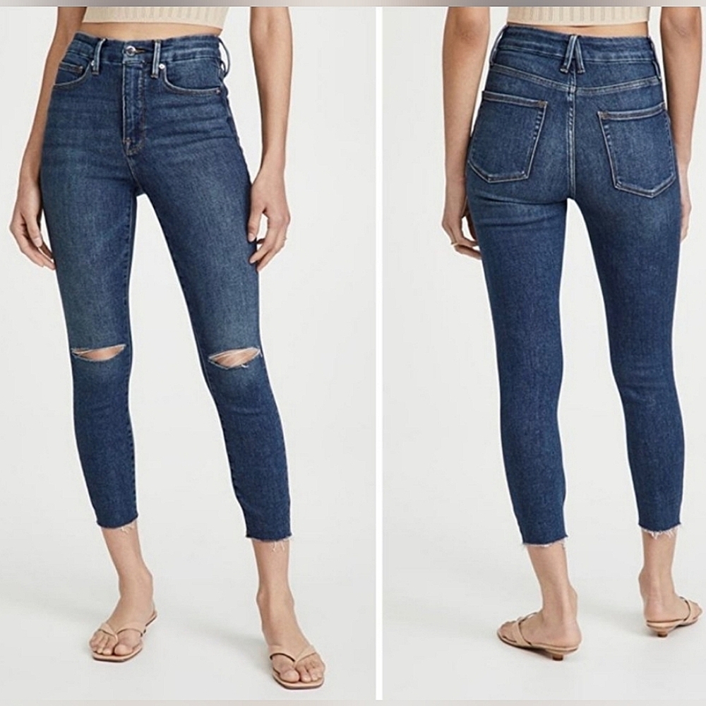 Good American "Good Waist Crop" High Rise Blue Jean Distressed Women's Size 8 29